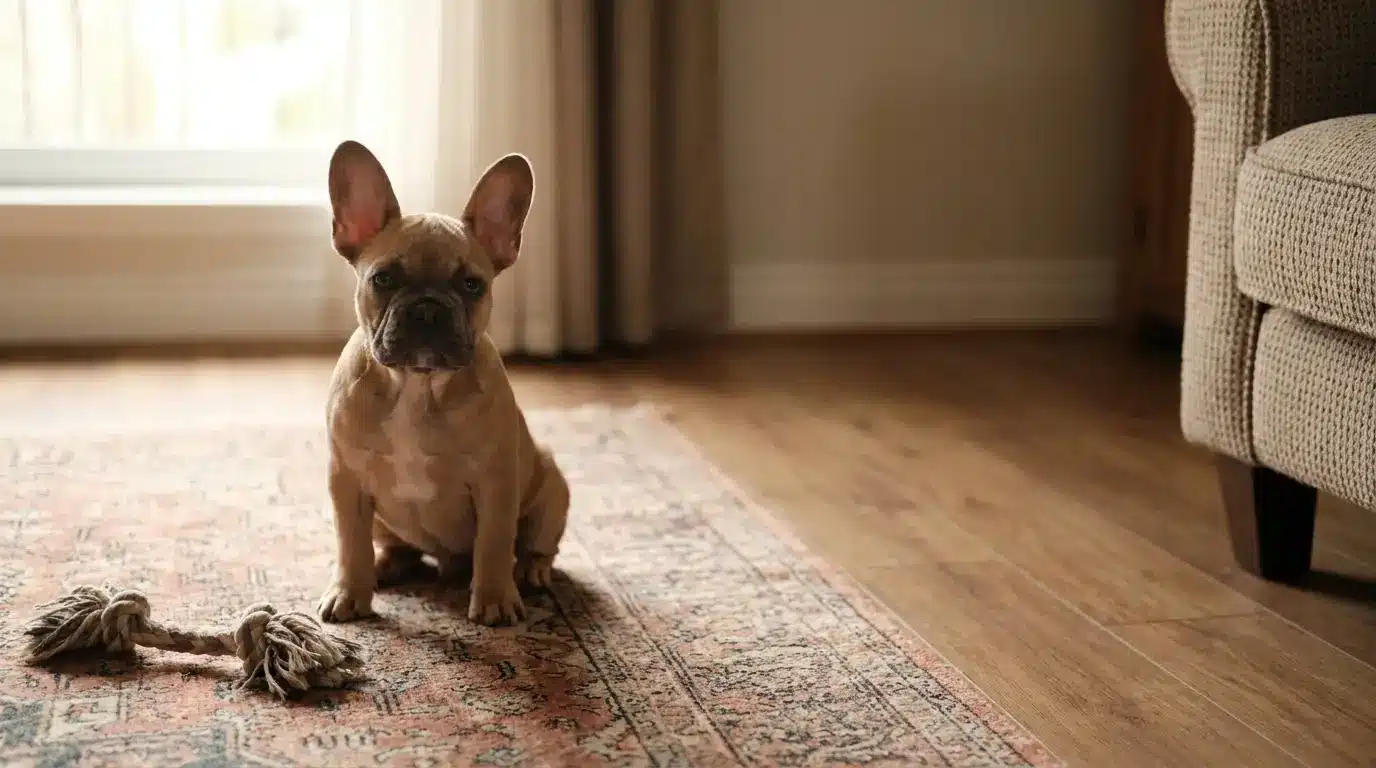 French bulldog sitting on patterned rug in cozy living room with rope toy nearby