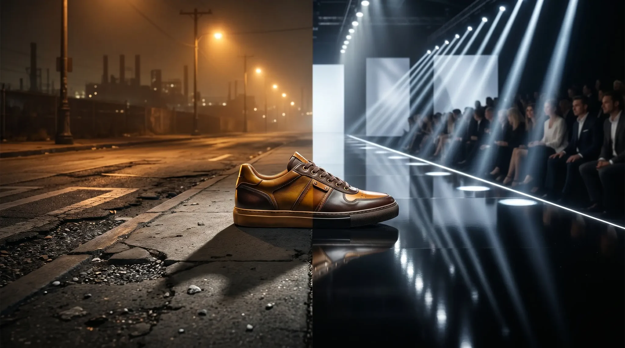 Brown sneaker positioned between urban street at night and fashion runway with spotlighting
