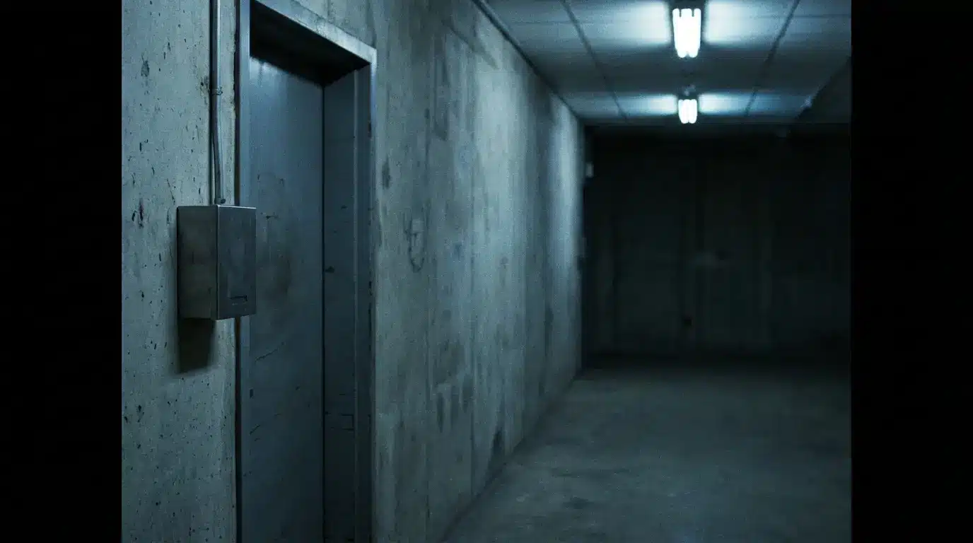 Dimly lit concrete hallway with metal door and overhead fluorescent lights