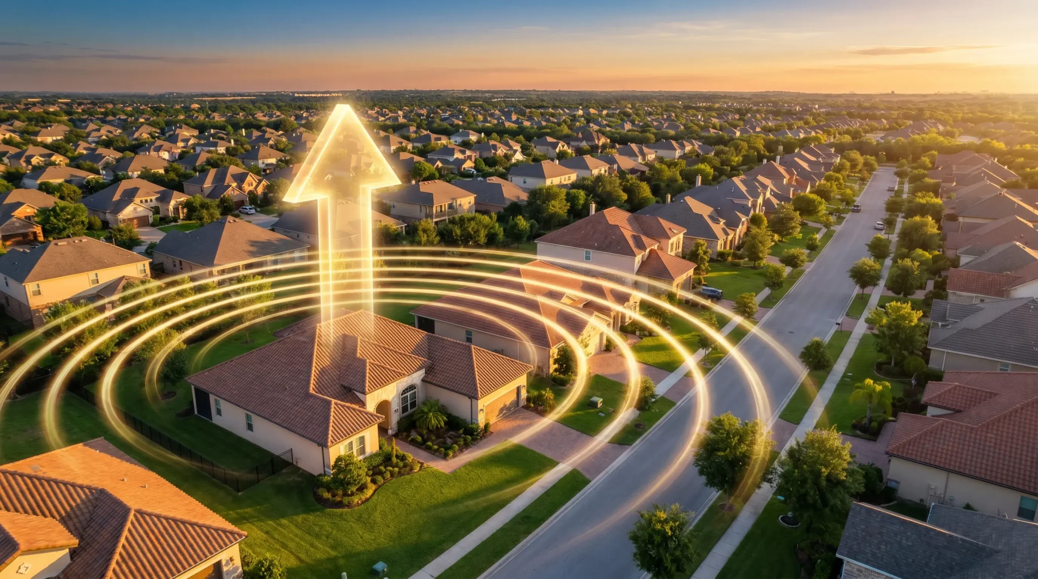 Suburban neighborhood with highlighted house and glowing arrow pointing up at sunset