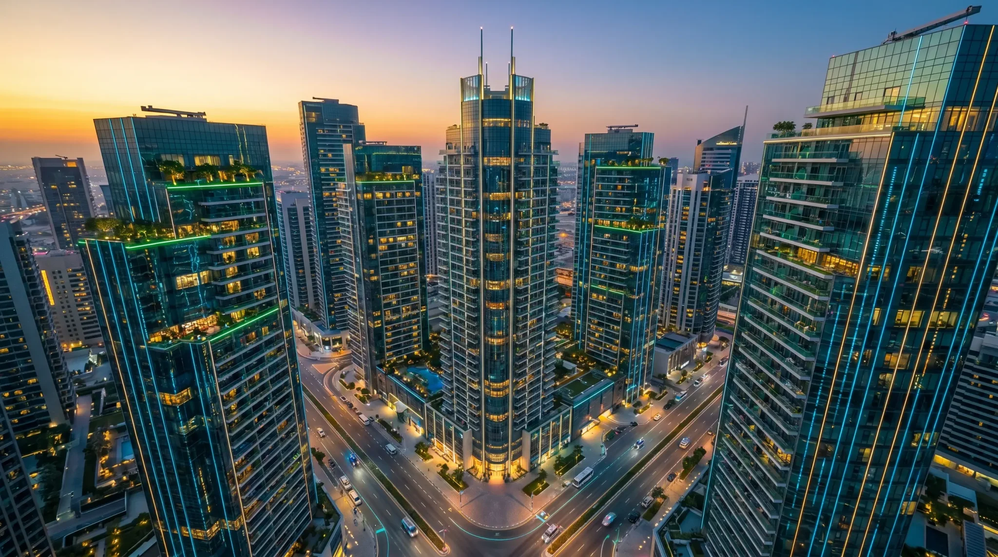 Skyscrapers with blue accents at sunset in urban cityscape from above