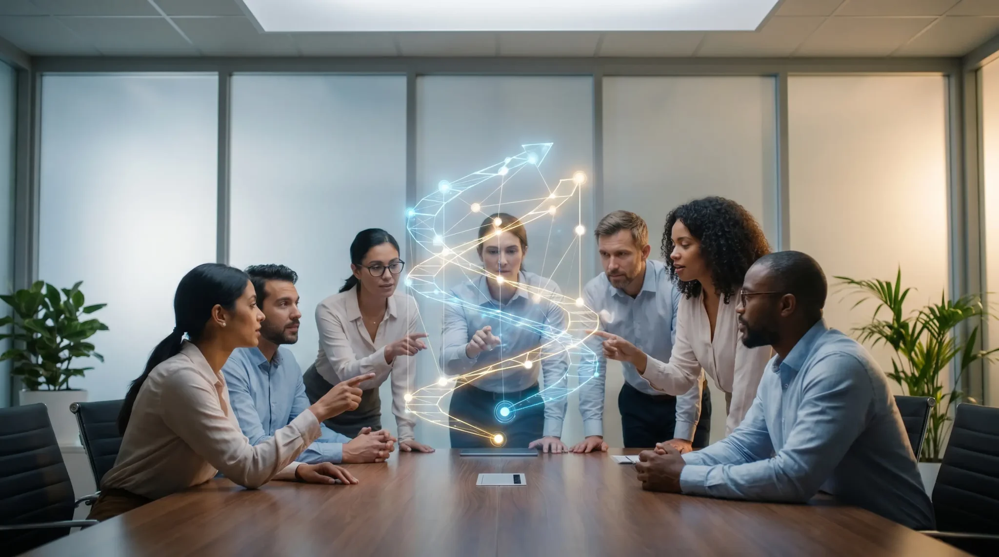 Group of professionals discussing 3D holographic DNA model in modern conference room