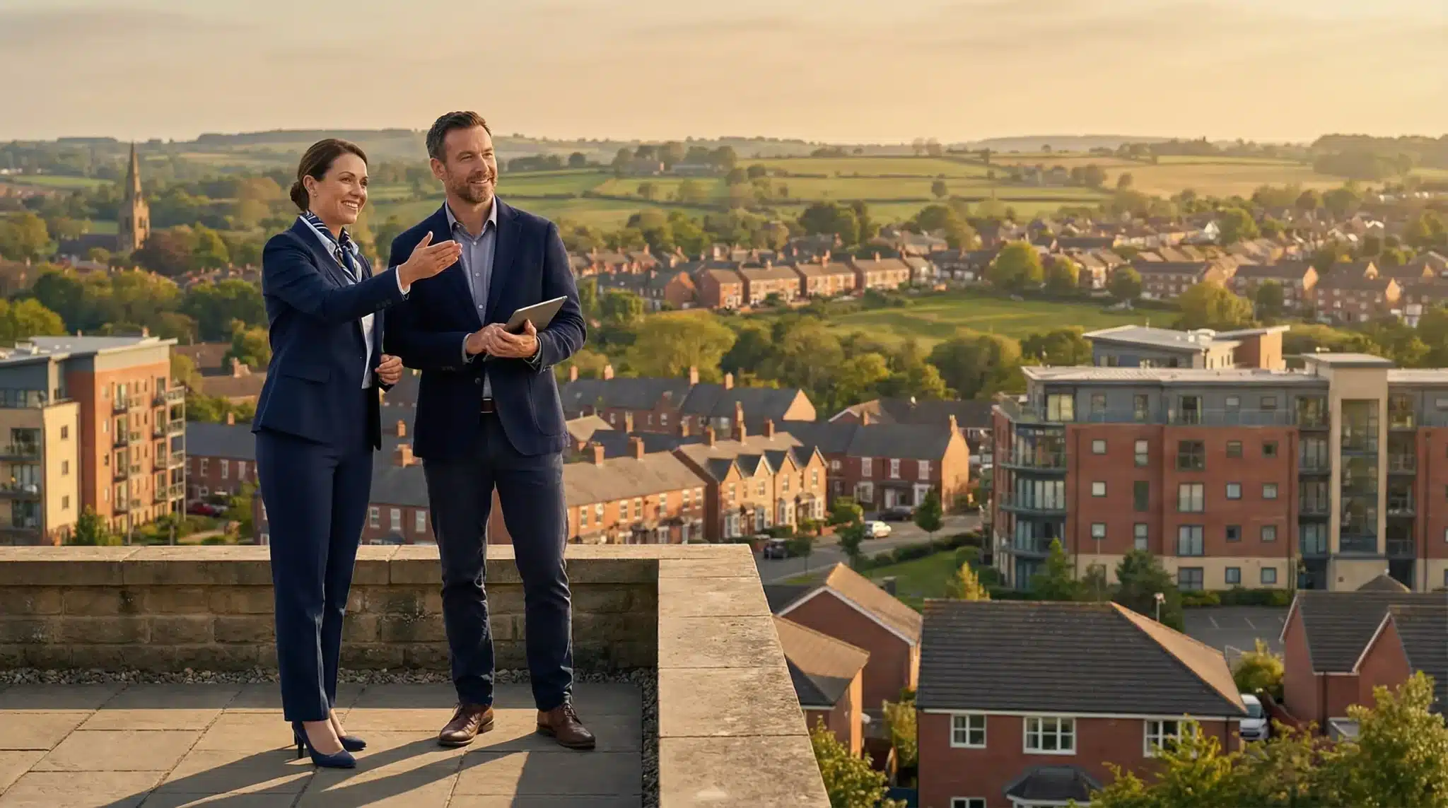 Two people in business attire discussing on rooftop overlooking suburban landscape
