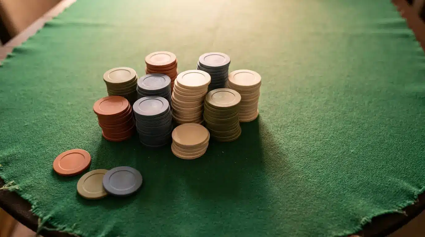 Poker chips stacked on green felt table in warm lighting setting