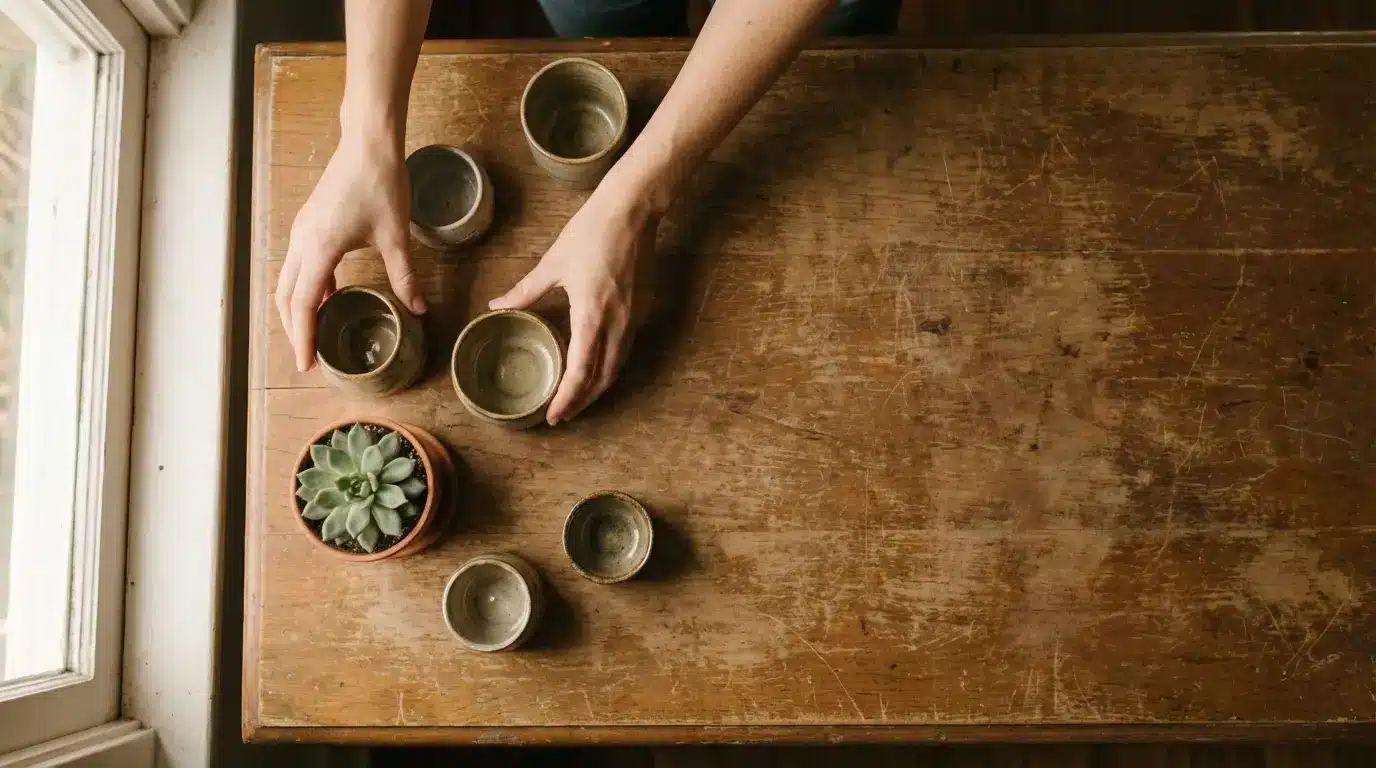 Hands arranging ceramic cups and a potted succulent plant on rustic wooden table