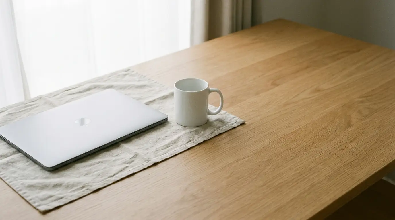 Closed silver laptop and white mug on linen cloth on wooden table in natural light