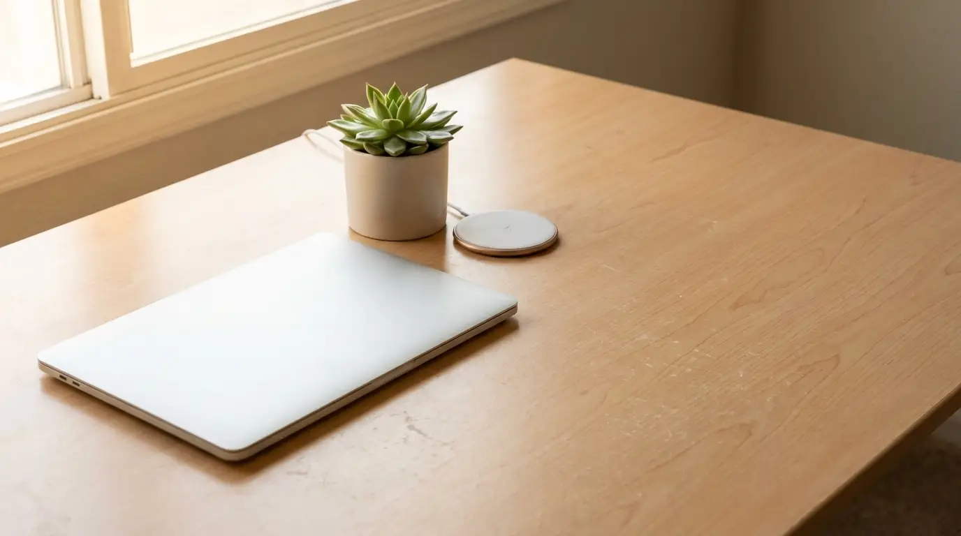 Closed silver laptop and potted succulent on light wooden desk near window