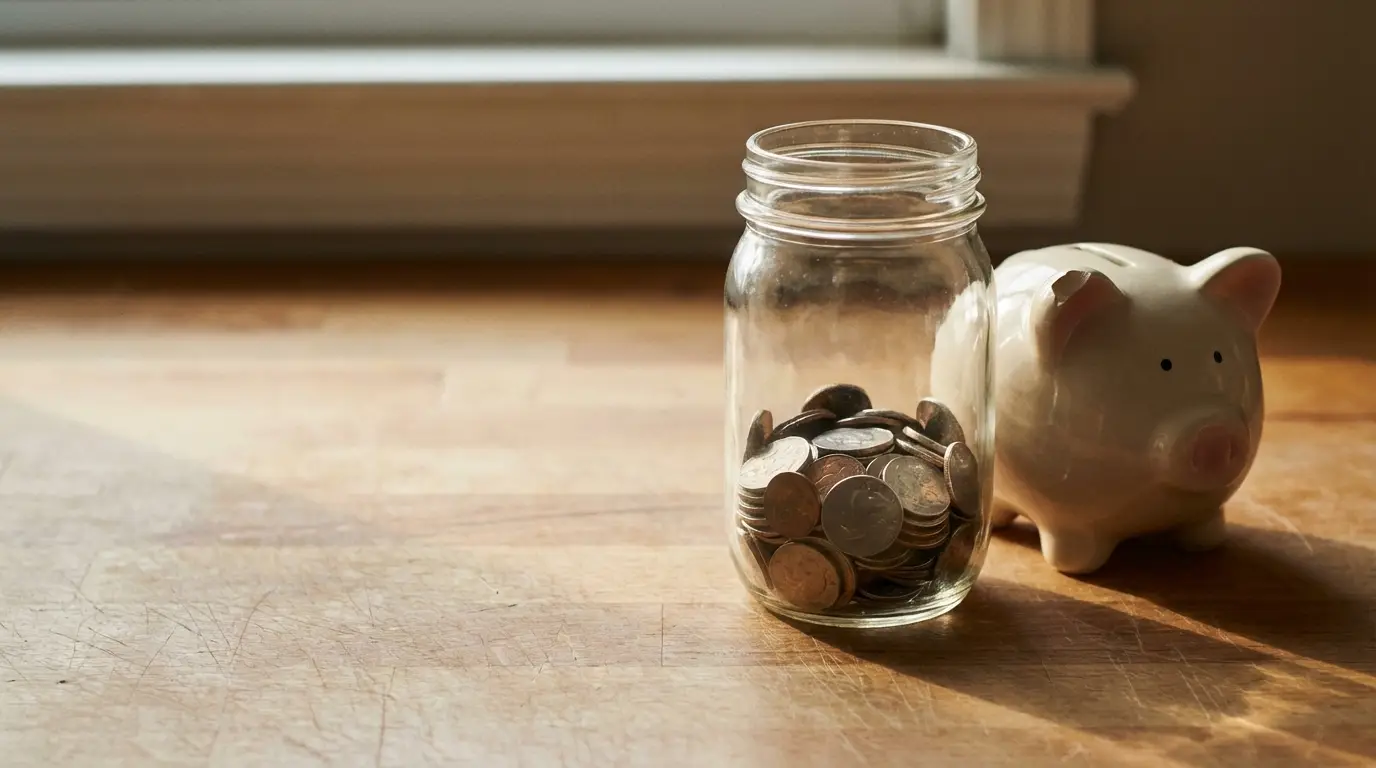 Glass jar filled with coins next to ceramic piggy bank on wooden surface