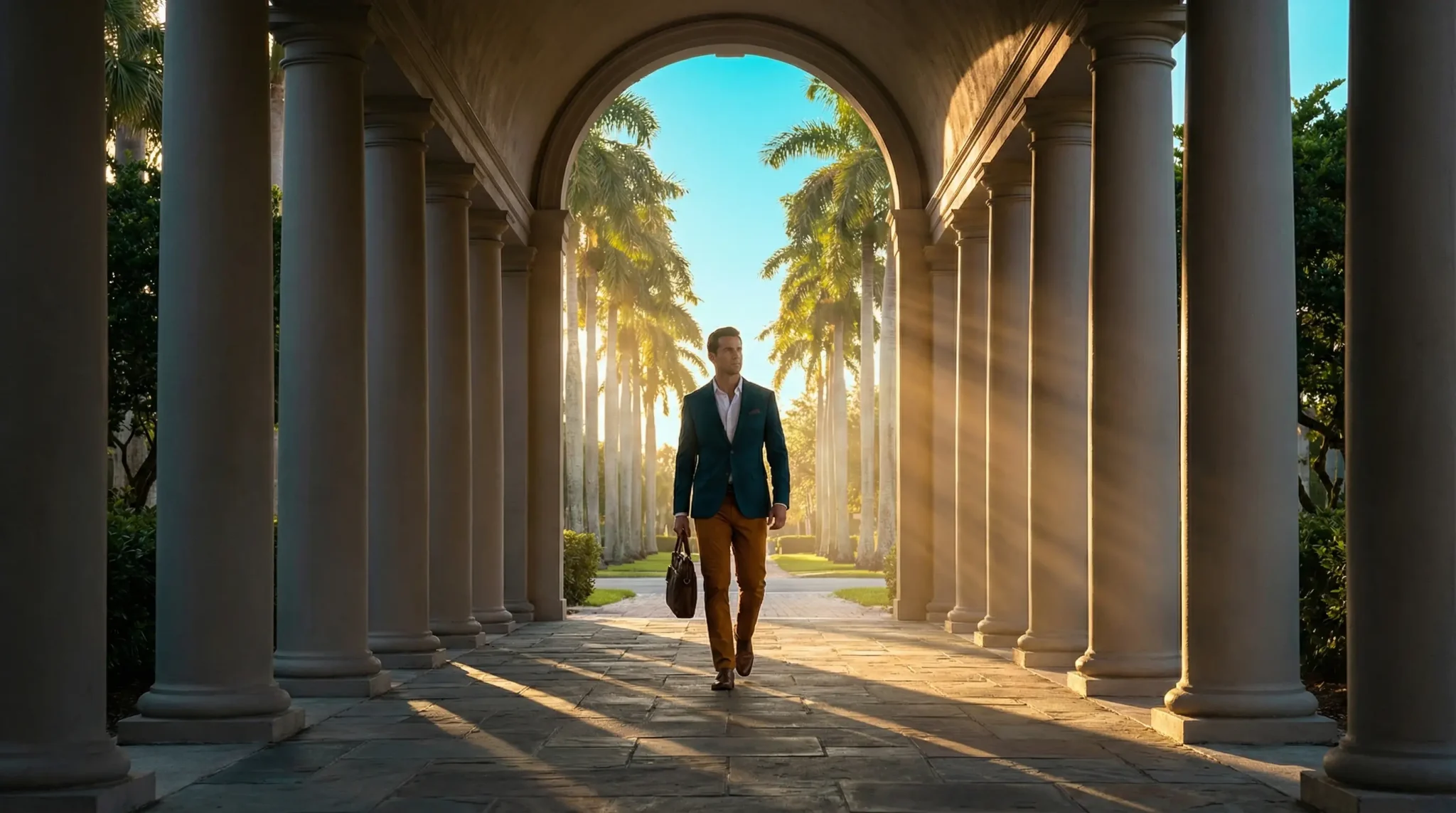 Man in a blazer walking through sunlit stone archway with palm trees in the background