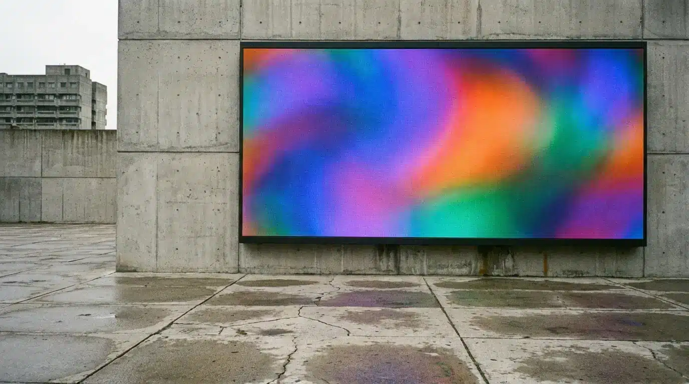 Colorful abstract digital screen on concrete wall in outdoor urban setting