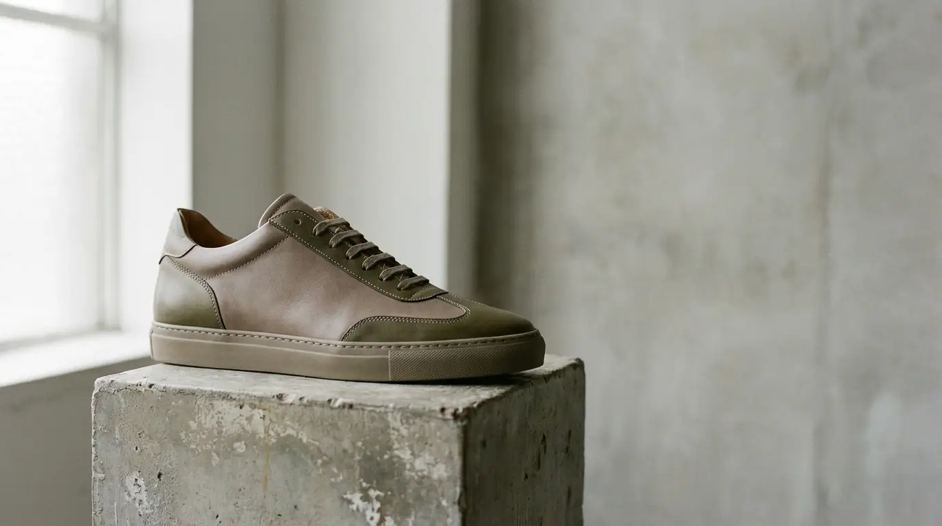 Tan leather sneaker displayed on concrete pedestal in minimalist indoor setting
