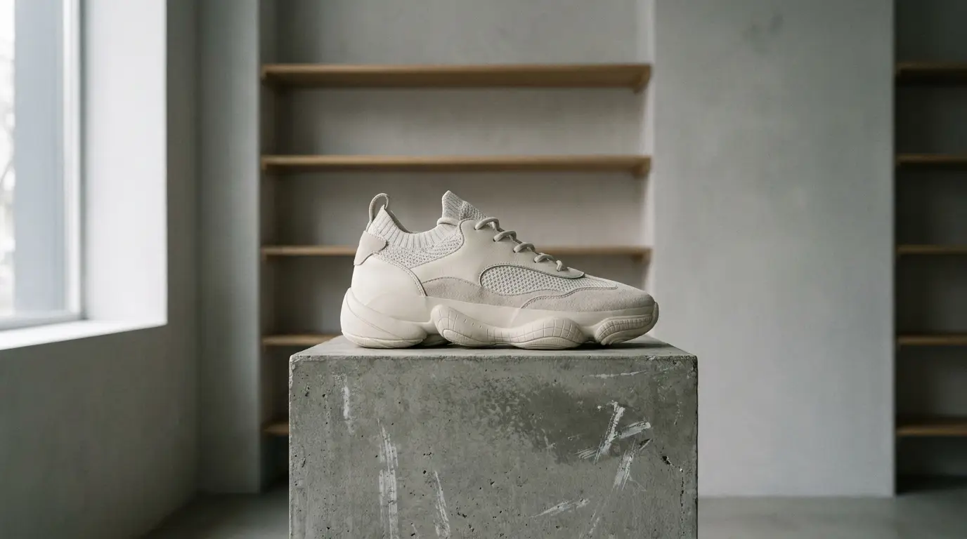 Cream-colored sneaker displayed on concrete block in minimal indoor setting with empty shelves