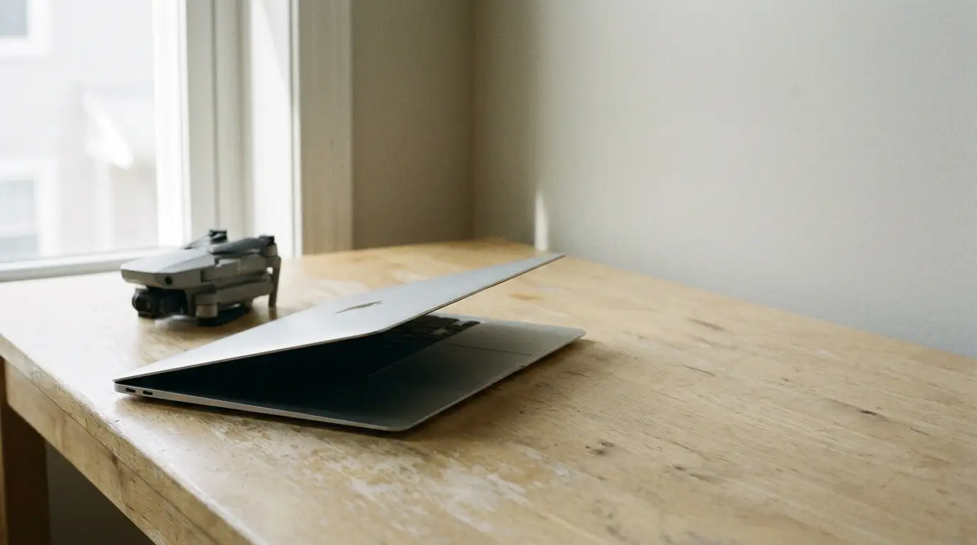 Silver laptop partially open next to a drone on a wooden desk by a window