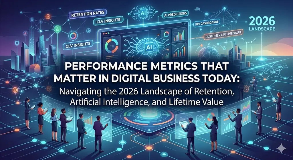 Futuristic digital business landscape with AI interfaces and diverse people analyzing data on screens