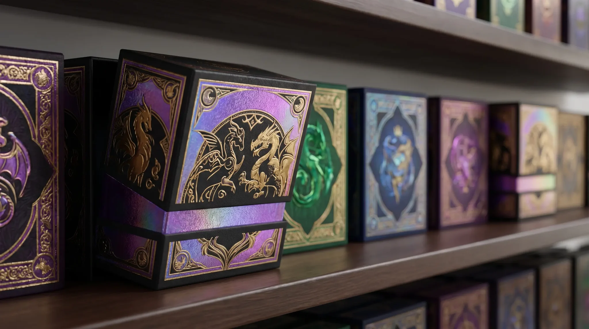 Colorful embossed card game boxes with dragon designs displayed on a wooden shelf