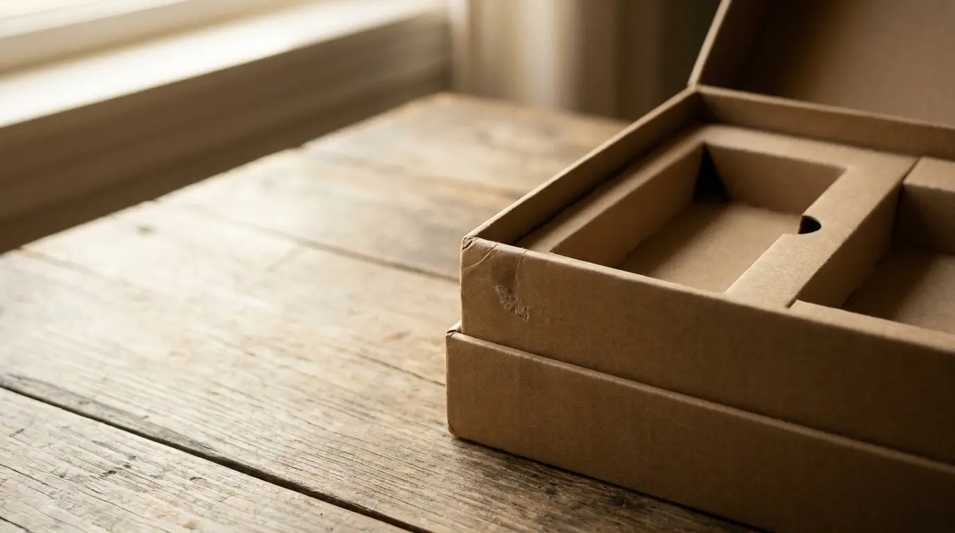 Open cardboard box on rustic wooden table in soft natural light
