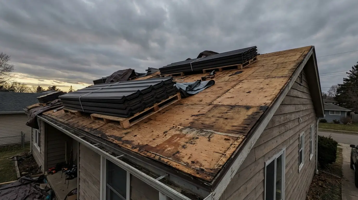 Stacked roofing material on partially constructed roof under overcast sky