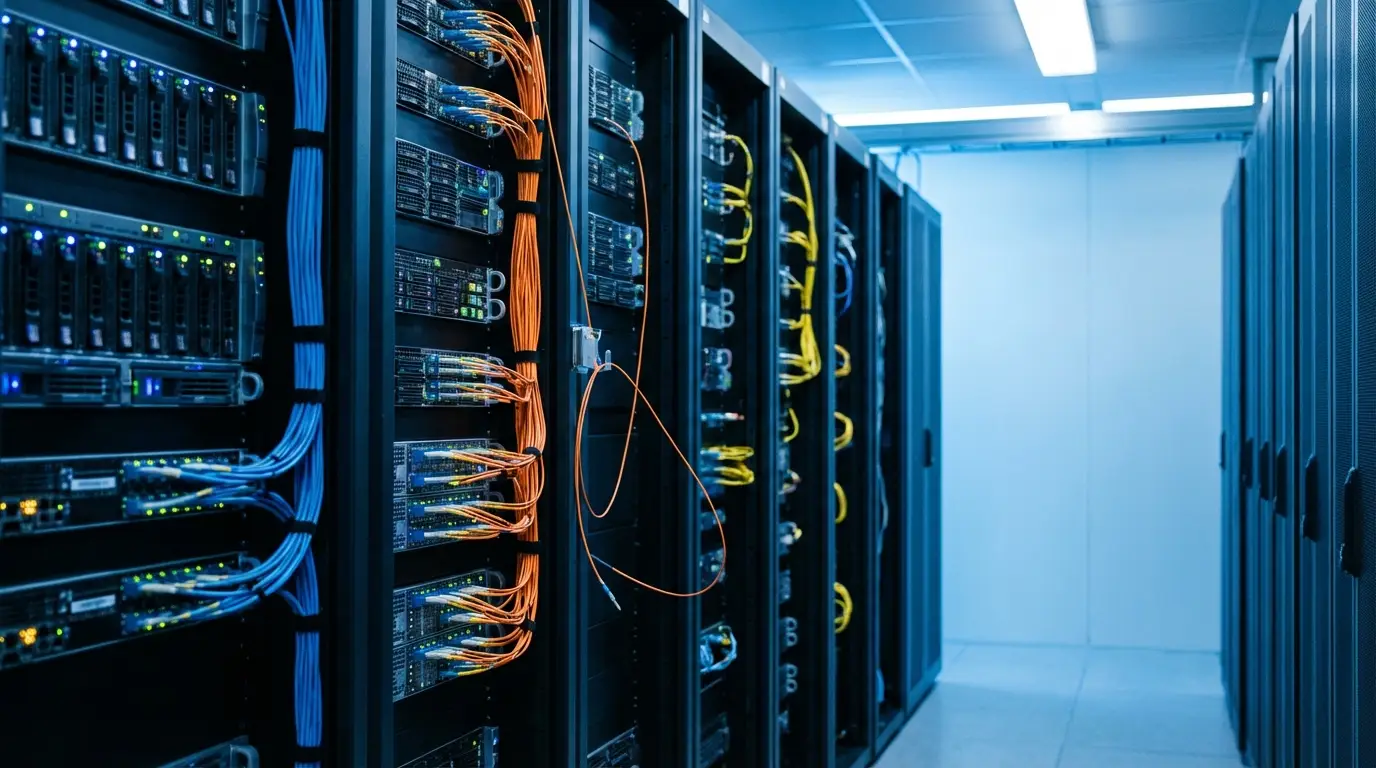 Server racks with colorful cables in a modern data center under bright fluorescent lighting