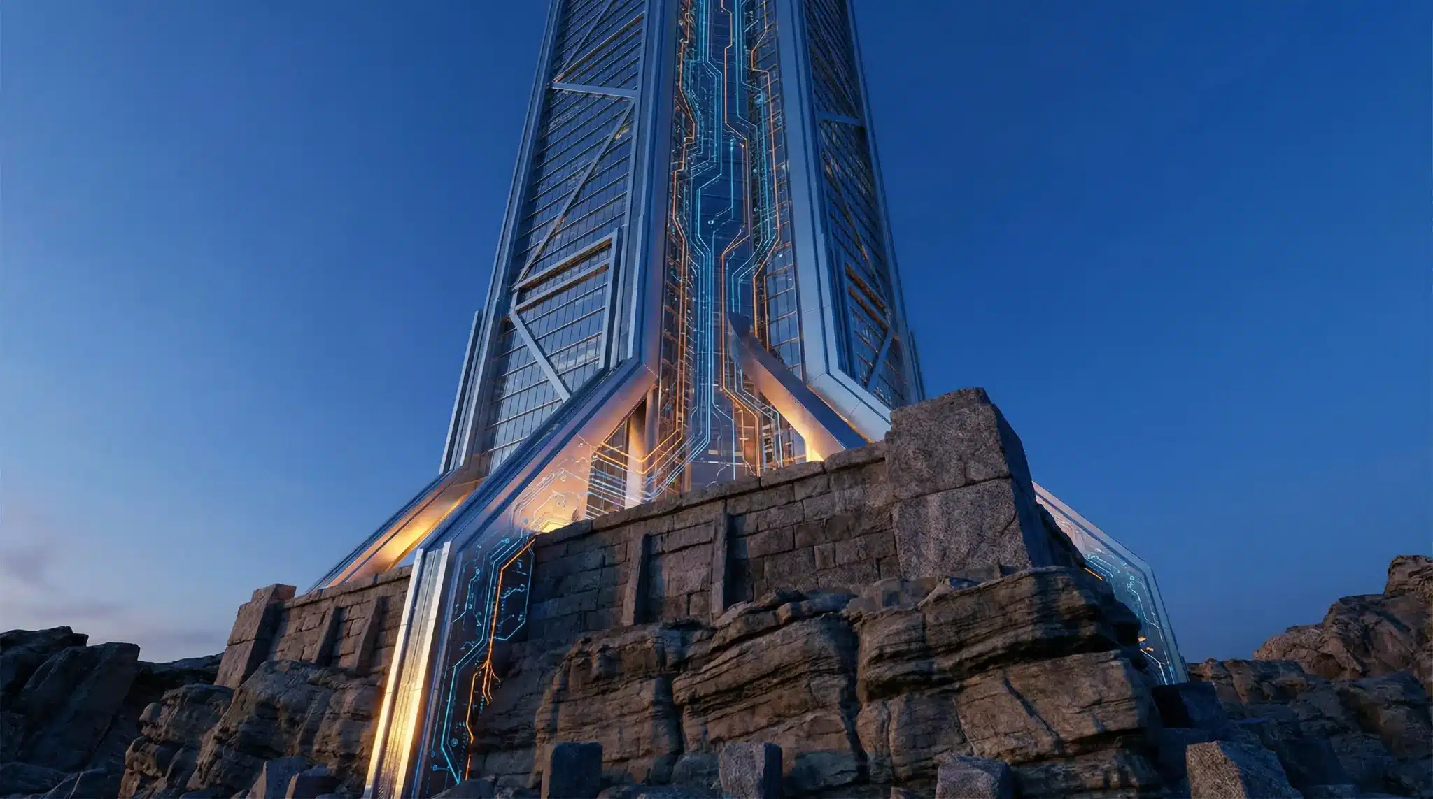 Futuristic skyscraper with illuminated circuits built on rocky terrain under twilight sky