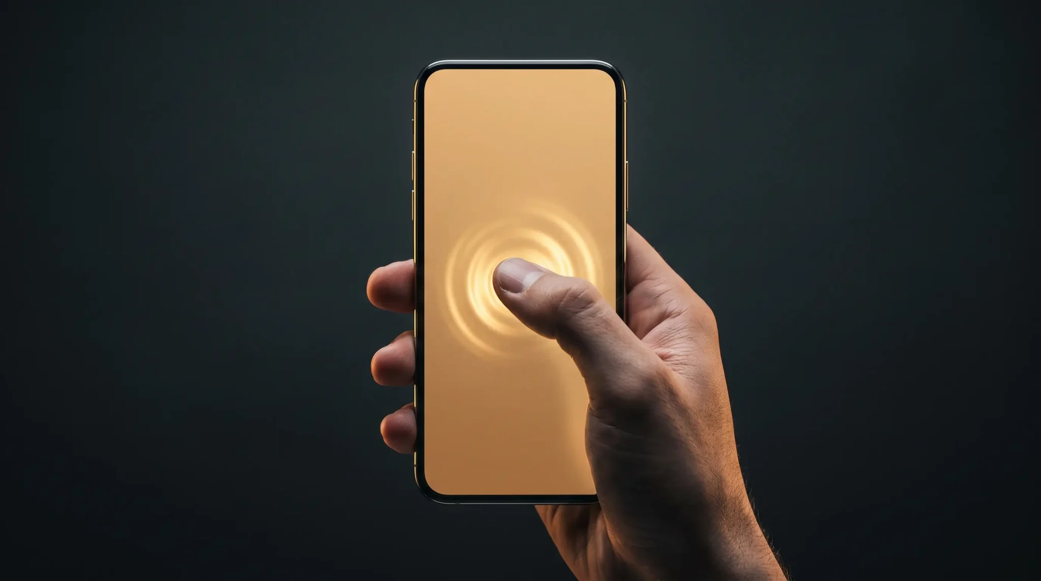 Hand holding smartphone with glowing screen ripple effect in dark setting