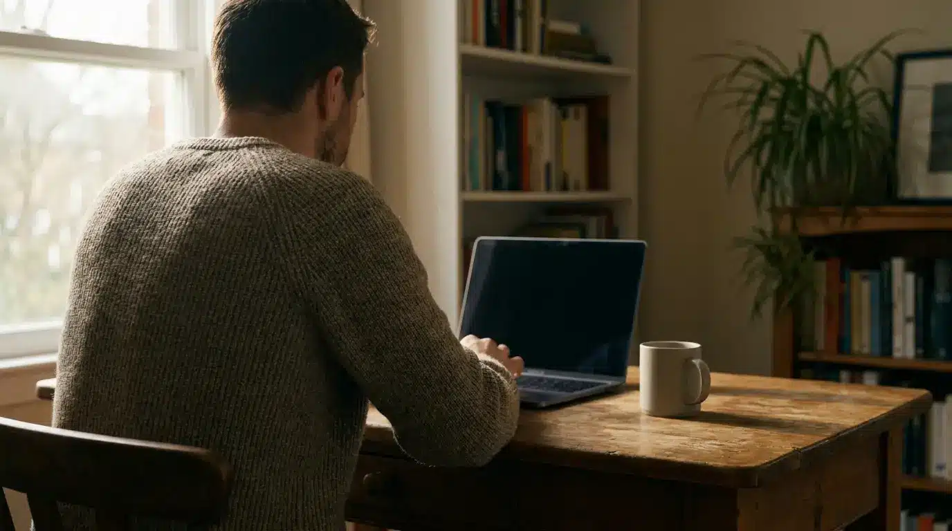 Man using laptop on wooden desk in cozy home office with bookshelf and window nearby