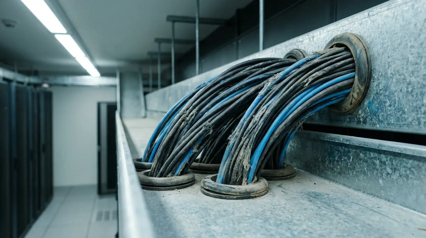 Data cables organized into a conduit in a server room with fluorescent lighting