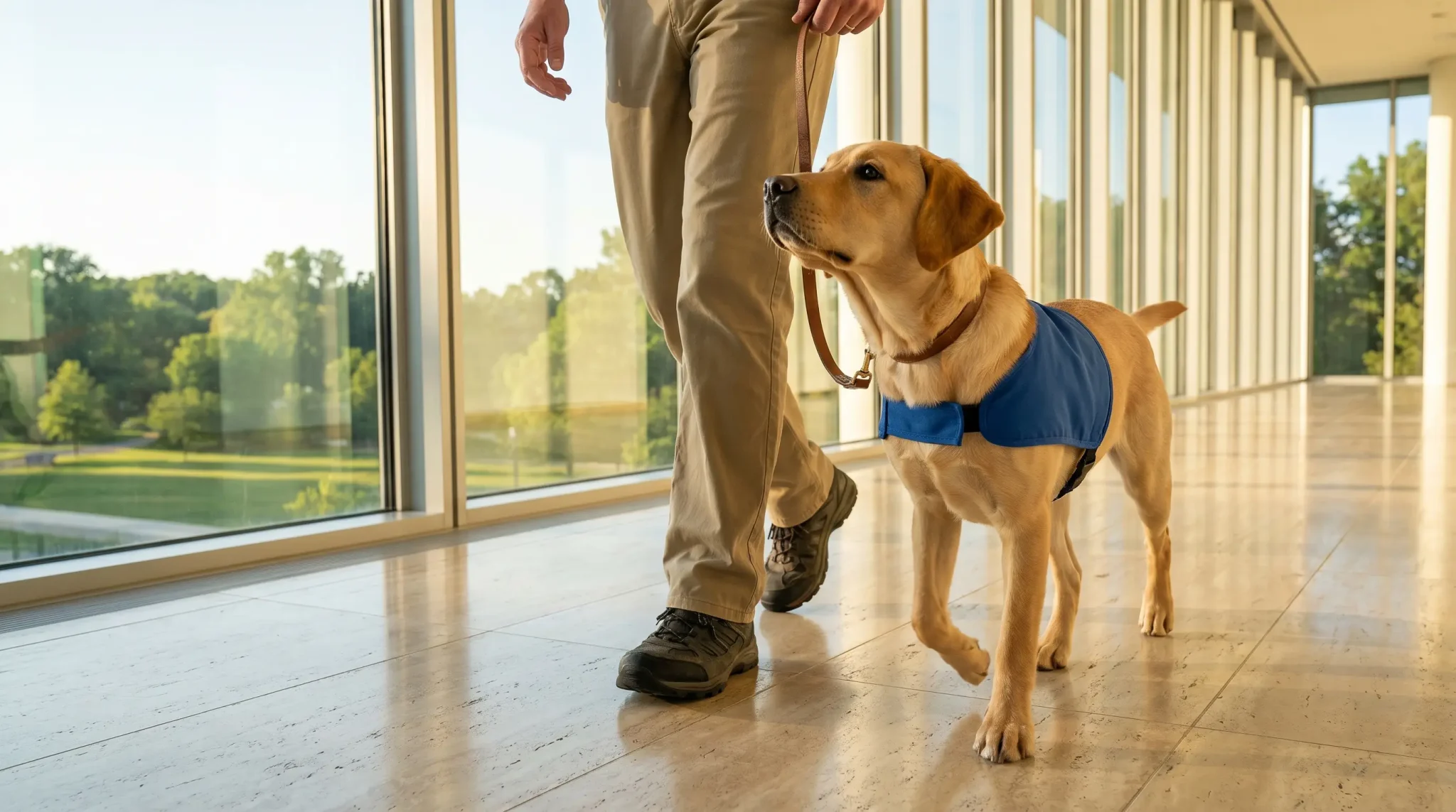 Guide dog in blue vest walking beside person in sunlit hallway with large windows