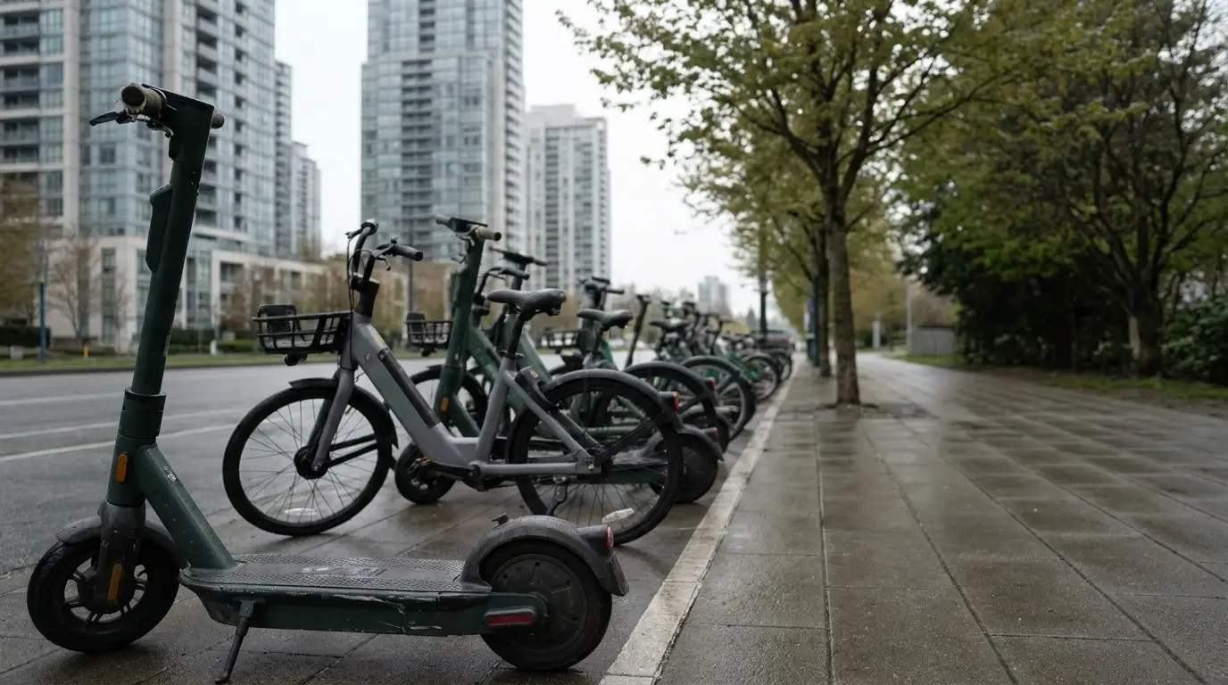 E-scooters and bicycles lined up on a city sidewalk under overcast sky
