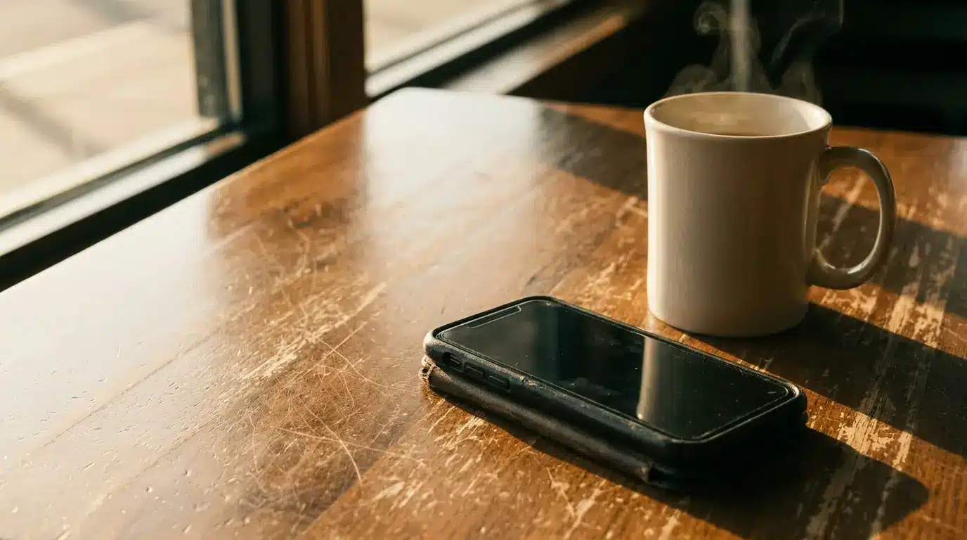 Steaming white coffee mug and smartphone on wooden table in sunlight