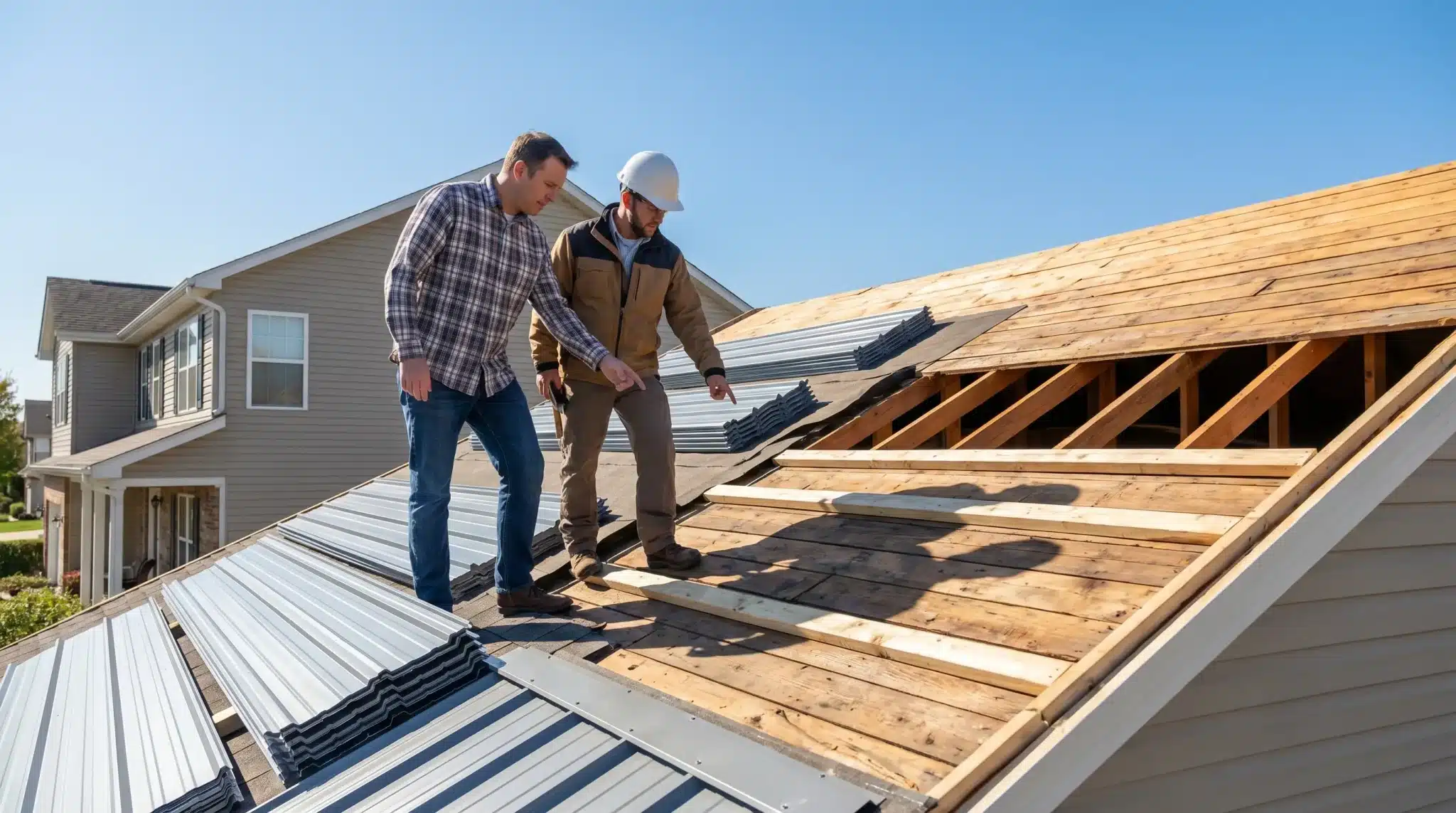 Two men inspecting partially constructed roof with metal sheets in bright outdoor setting