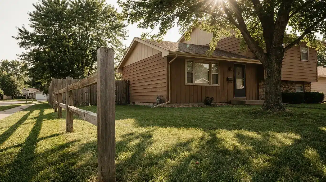 Wooden house with a fenced yard under a large tree, sunlight filtering through branches