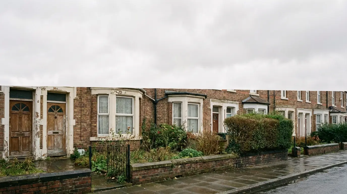 Row of weathered brick houses with overgrown gardens under cloudy sky