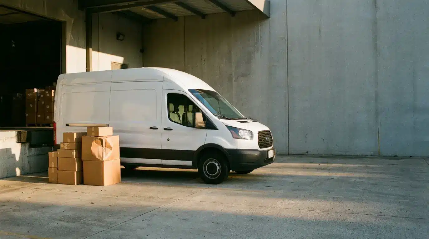 White delivery van parked beside warehouse dock with stacked cardboard boxes nearby