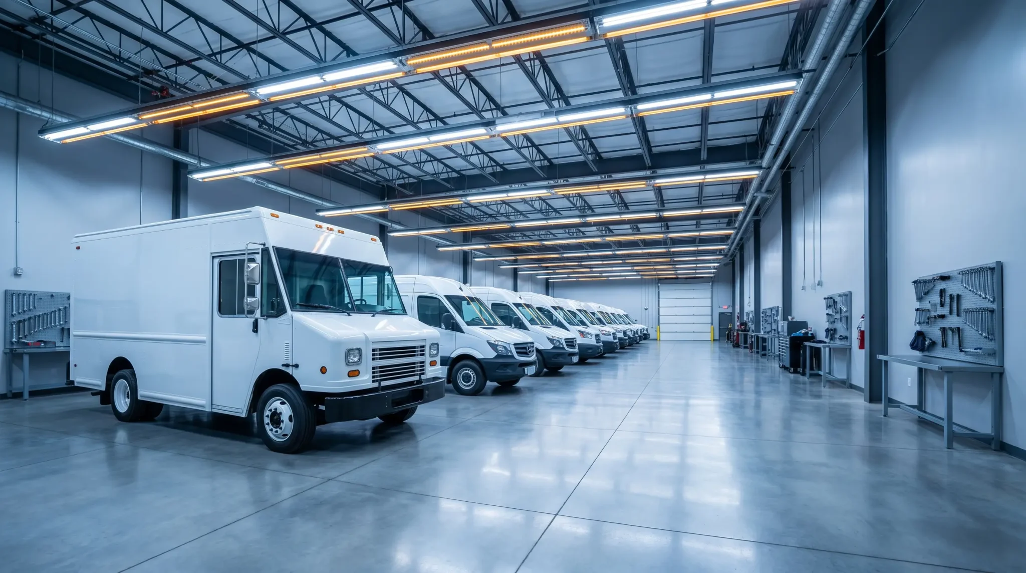 Fleet of white delivery trucks parked in spacious industrial warehouse with tools on walls