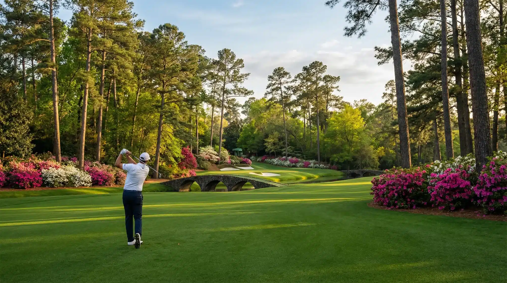 Golfer swinging club on lush green course with blooming azaleas and bridge in the background