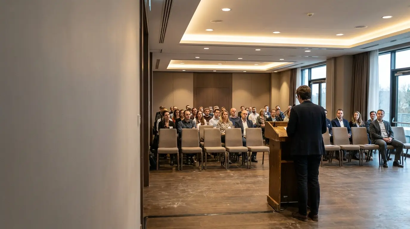 Speaker at podium addressing seated audience in a conference room with large windows