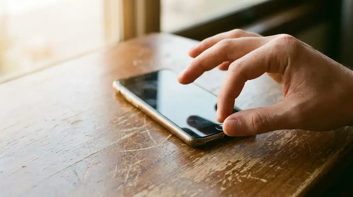 Hand interacting with smartphone on wooden surface by a window in natural light