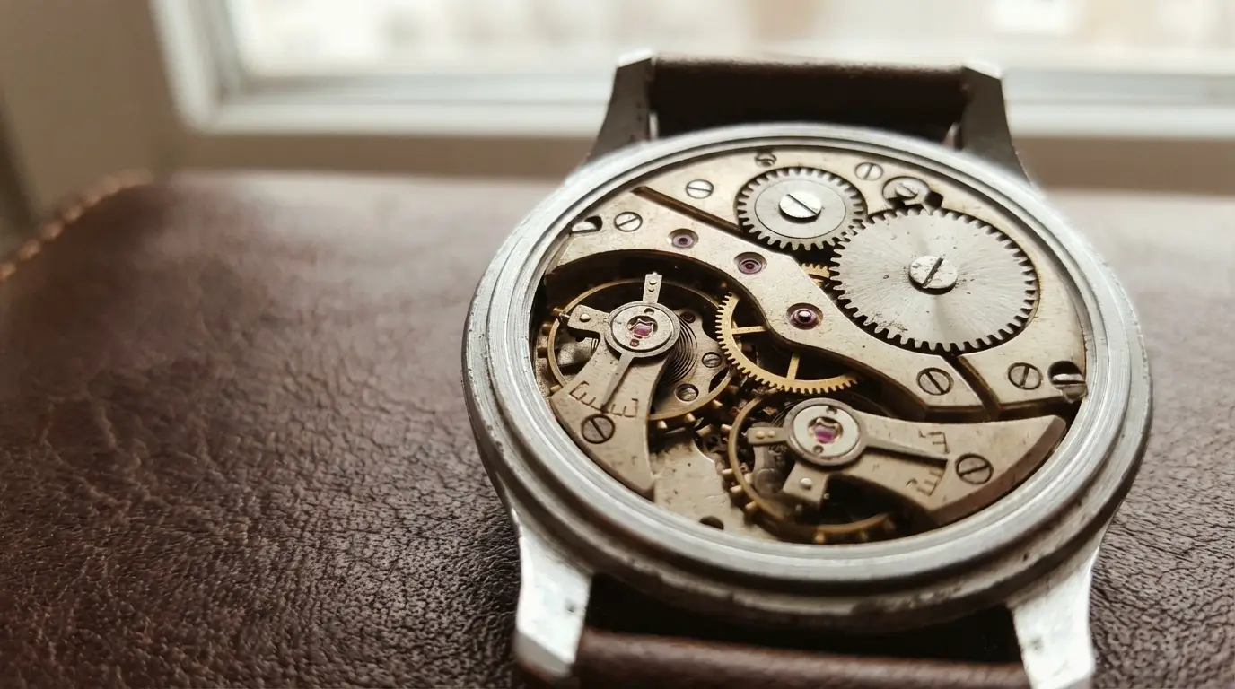 Close-up of vintage wristwatch gears and mechanism on leather surface in natural light