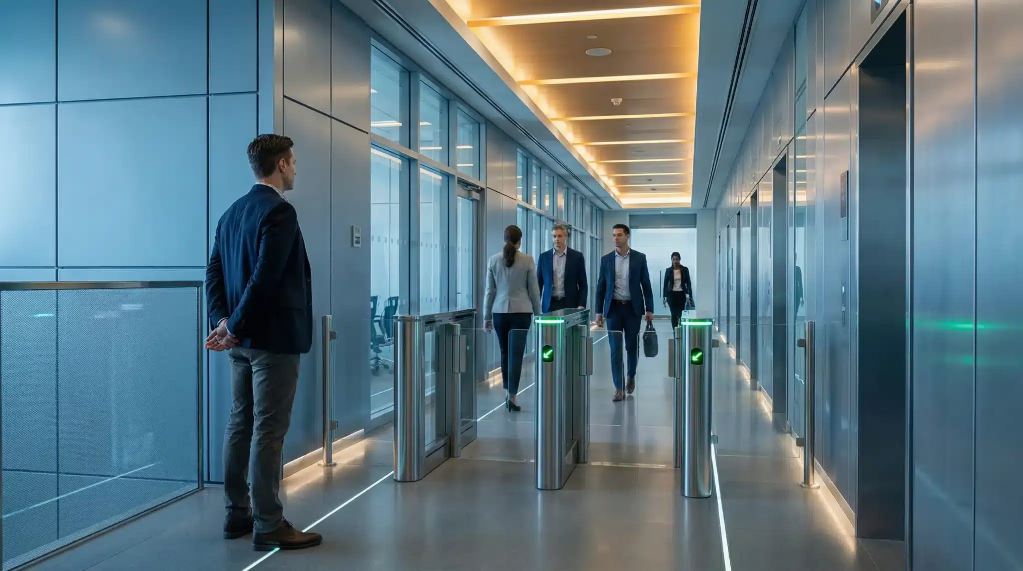 People walking through a modern office lobby with glass turnstiles and blue walls