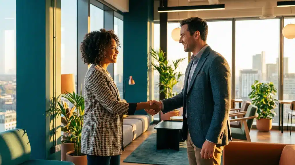 Two people shaking hands in modern office with large windows and city view
