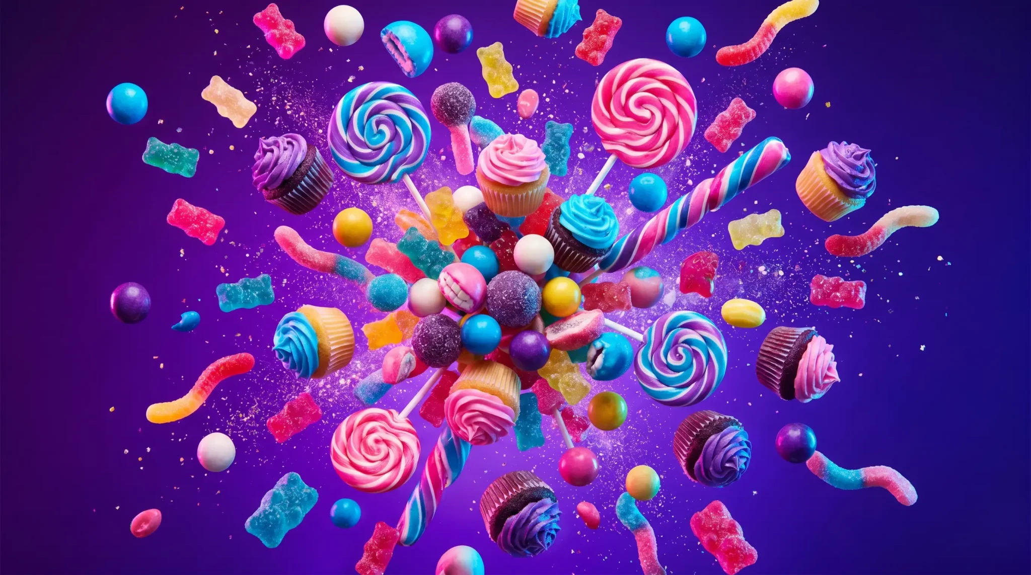 Colorful assortment of candies, lollipops, and cupcakes on a vibrant purple background