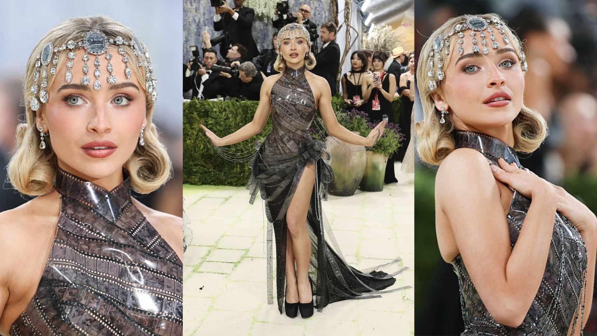 Sabrina Carpenter 2026 Met Gala Dior gown film strips Audrey Hepburn