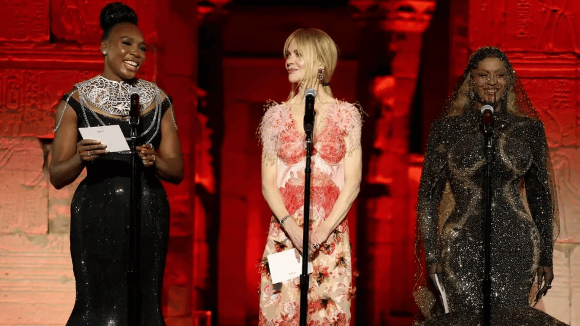 Co-chairs Venus Williams, Nicole Kidman, and Beyoncé on stage at the gala