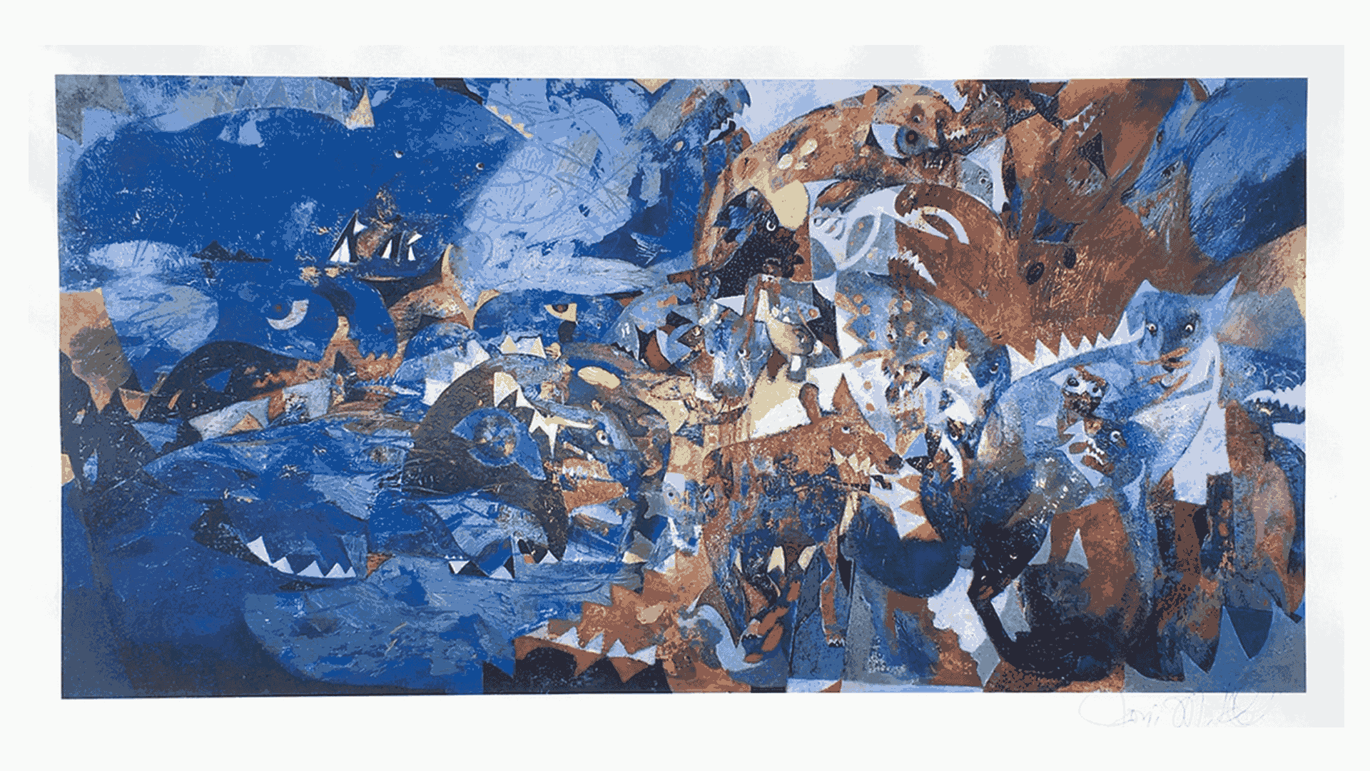 Abstract blue and brown artwork by Joni Mitchell with layered animal and ocean-inspired shapes.