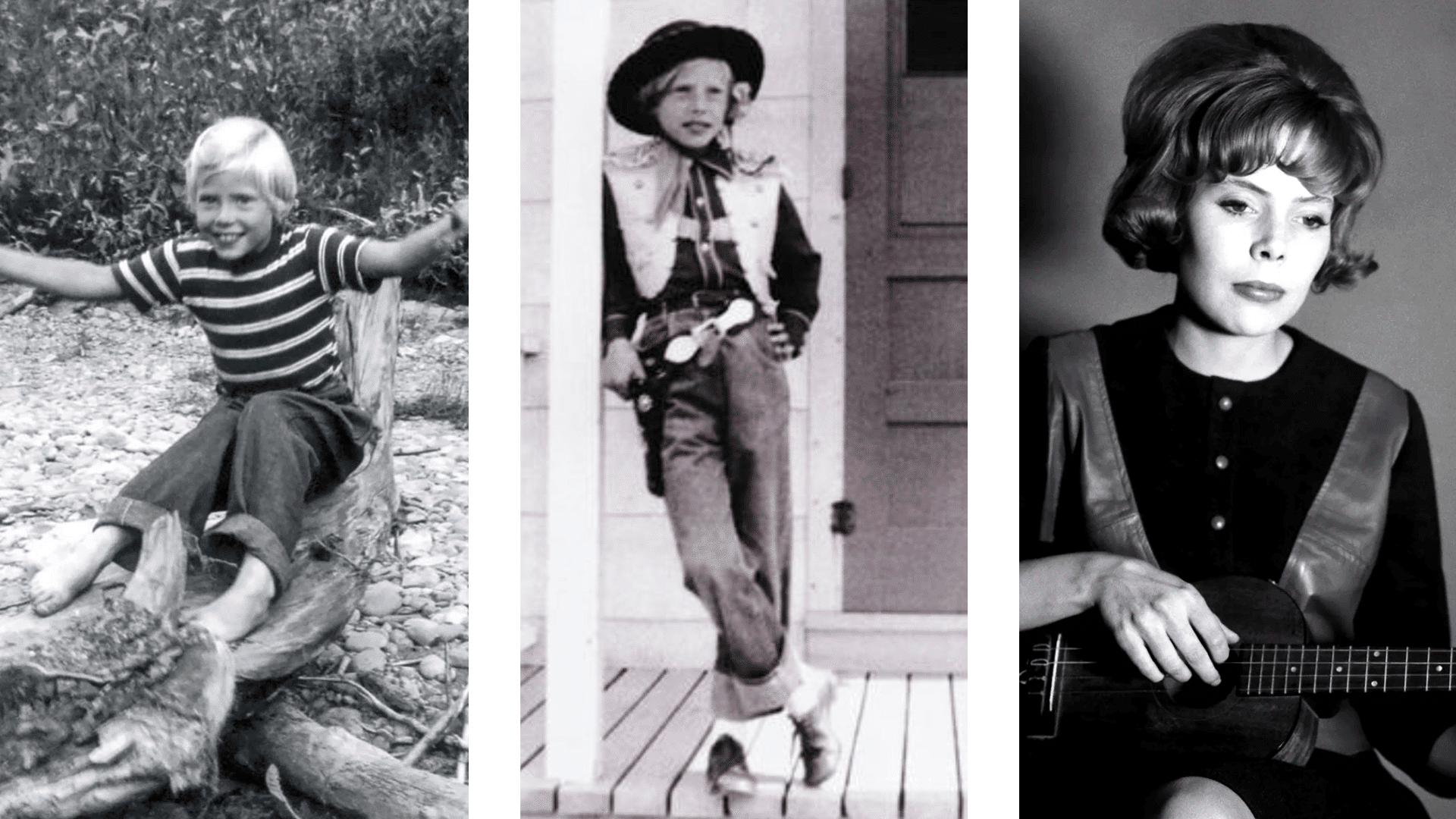Childhood and early career collage of Joni Mitchell in black-and-white portrait photos.