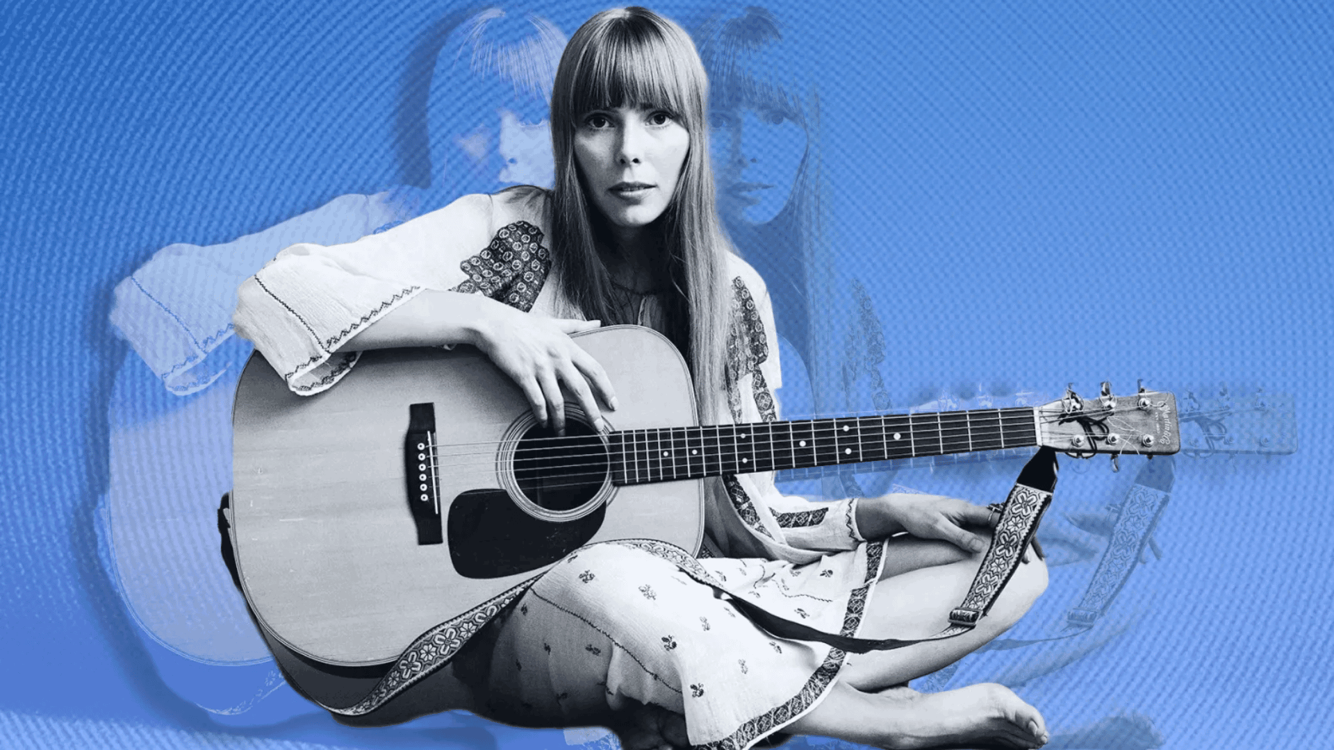 Young Joni Mitchell seated with acoustic guitar against artistic blue collage background.