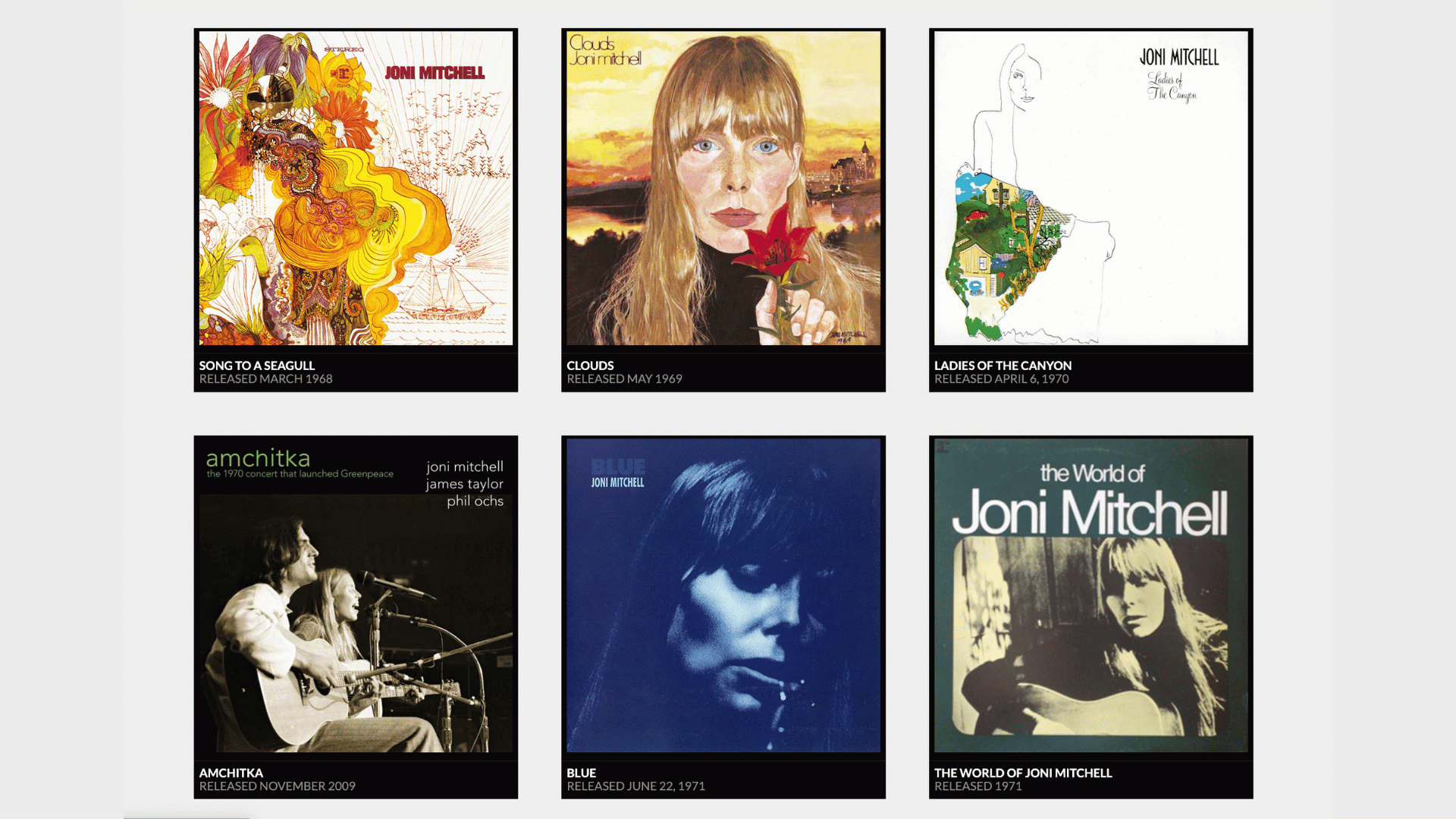 Iconic Joni Mitchell album covers including Blue, Clouds, and Ladies of the Canyon.
