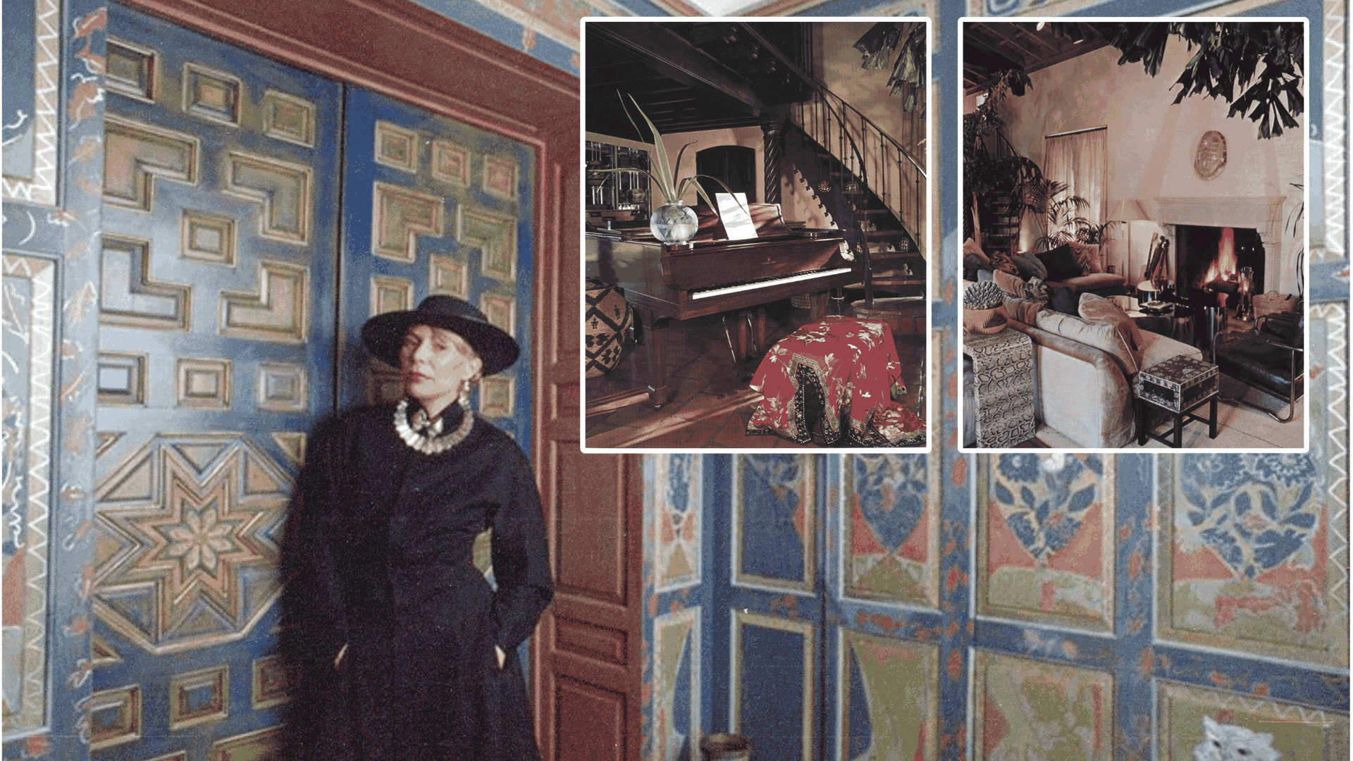 Joni Mitchell inside her artistic home with vintage décor, piano, and fireplace interiors.