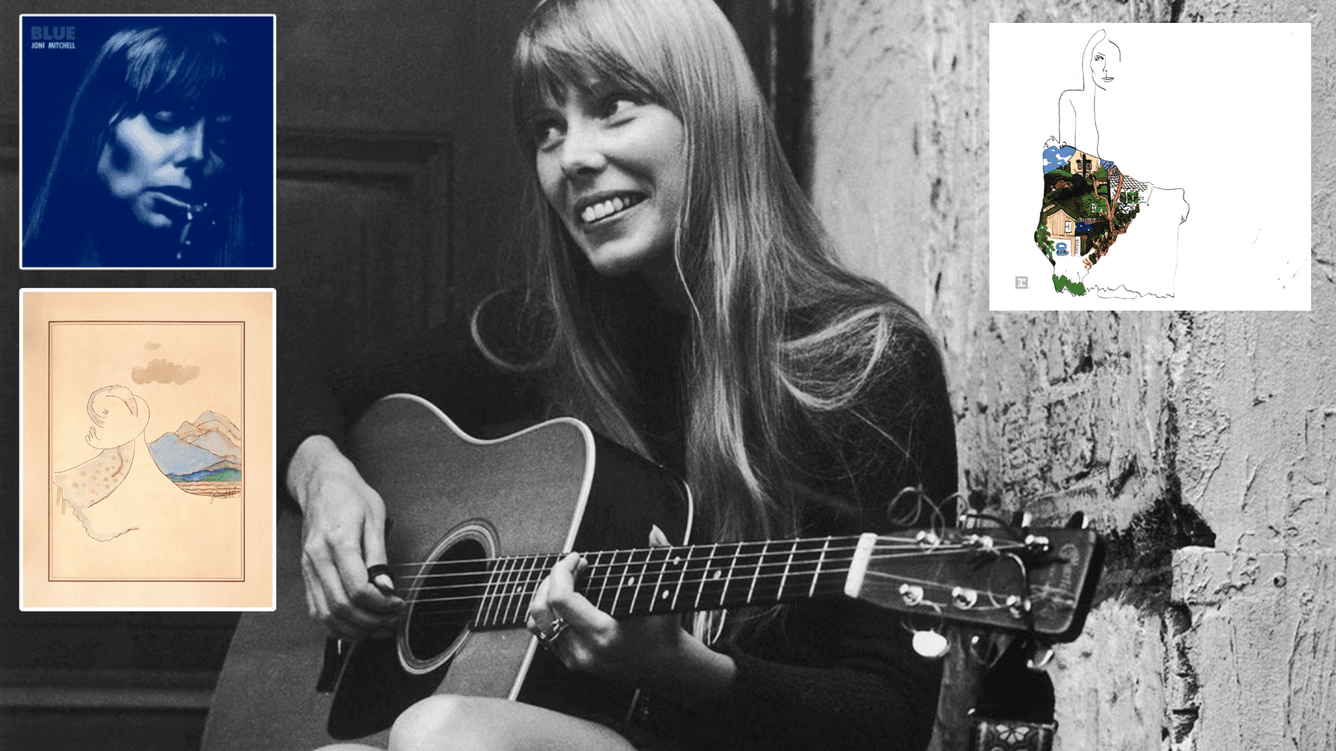 Joni Mitchell playing acoustic guitar beside album covers from her early music career.