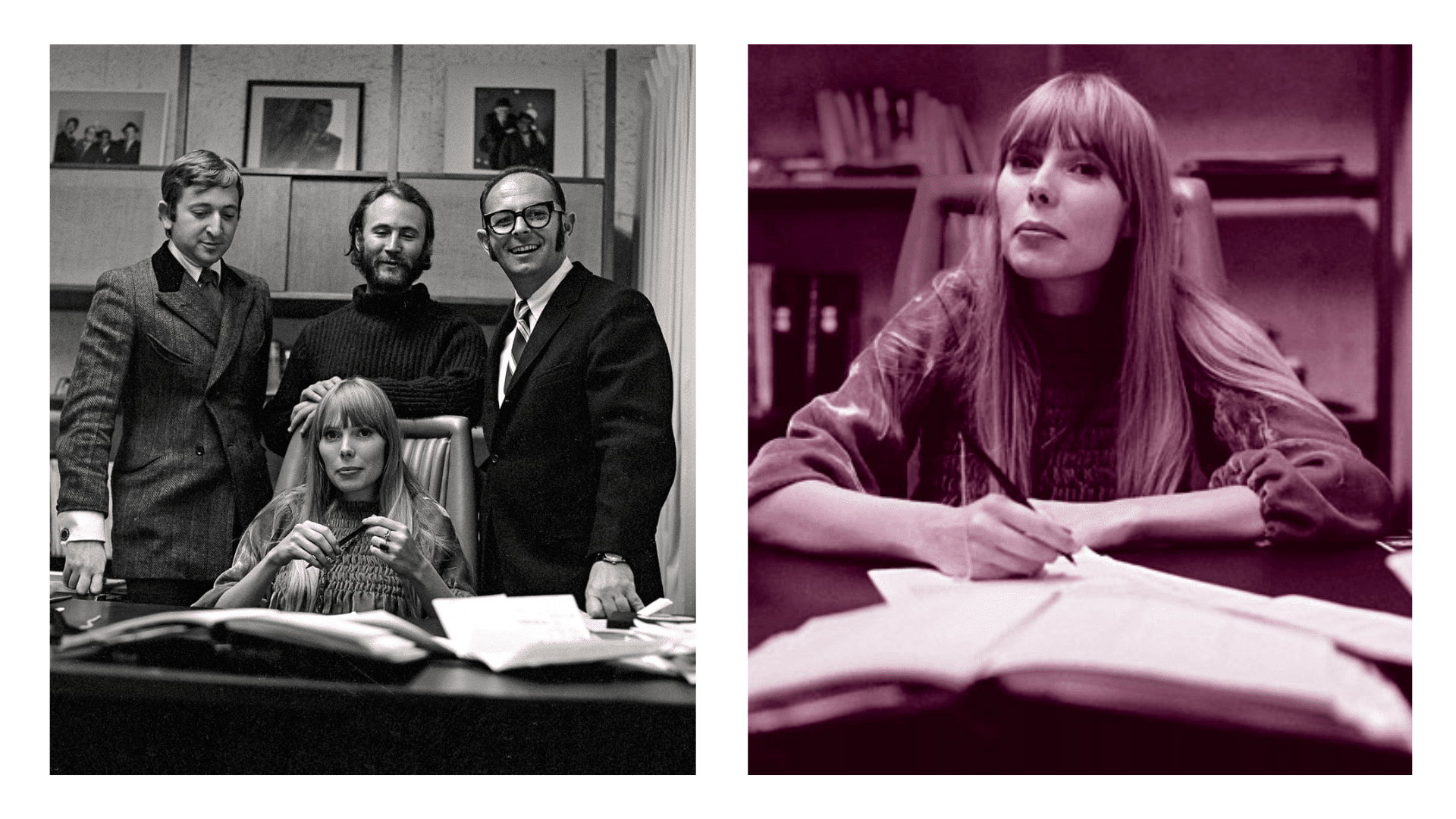 Joni Mitchell signing record deal papers beside music executives during her early career.